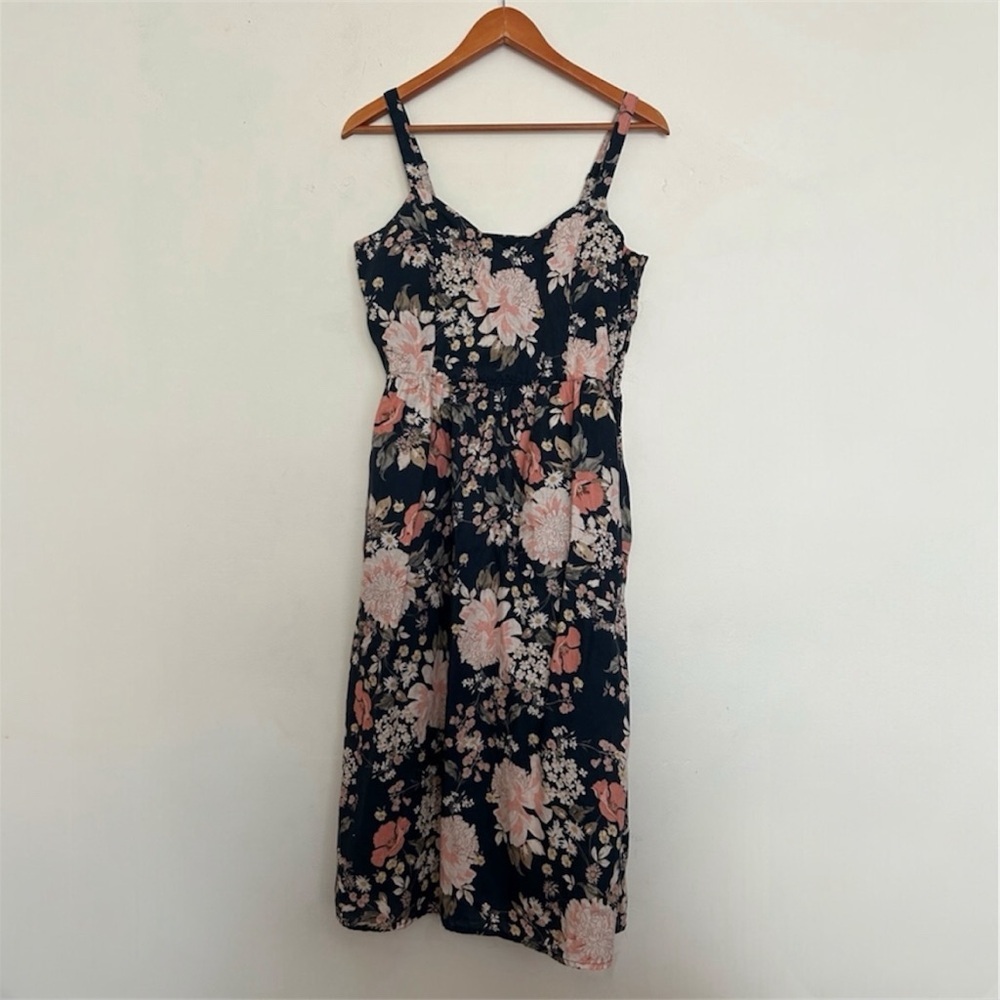 Cynthia Rowley Navy Floral Midi Dress with Pink and Cream Flowers